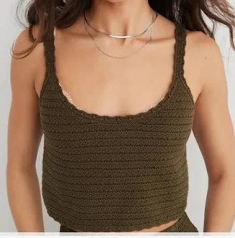 Aerie Womens Olive Green Crochet Knit Sleeveless Crop Top Tank Boho Size Small